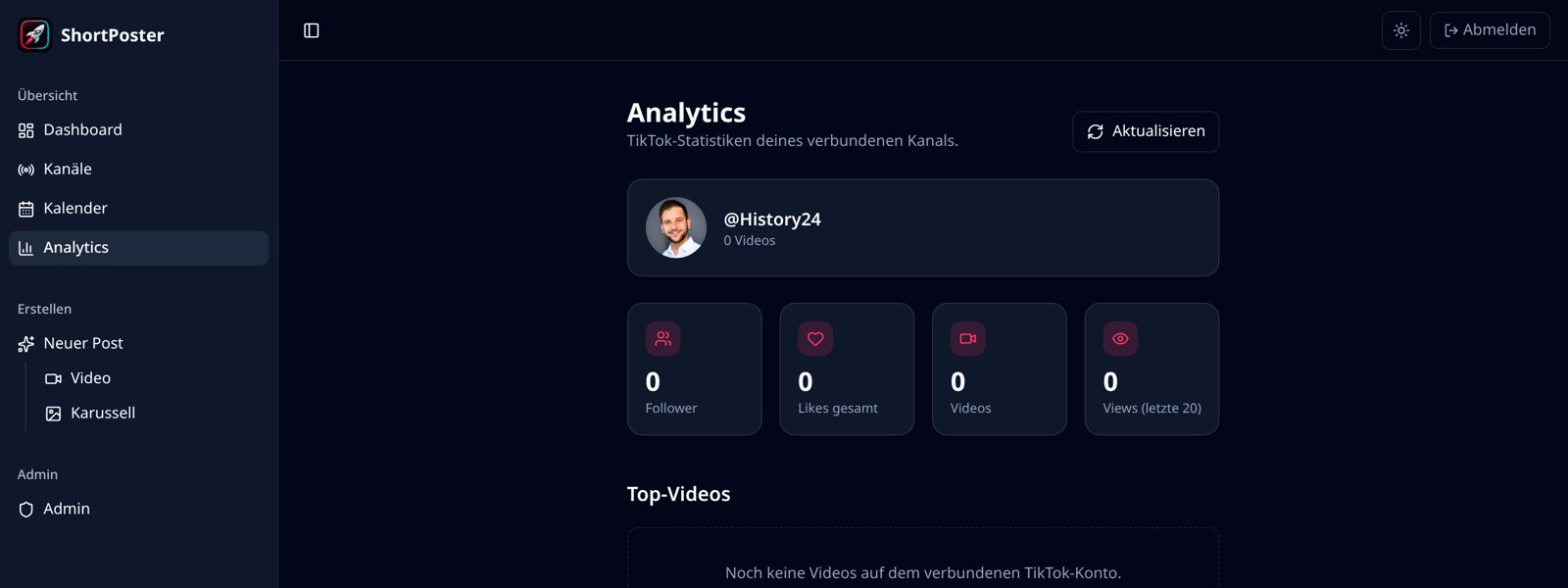 ShortPoster analytics screen for a connected TikTok account