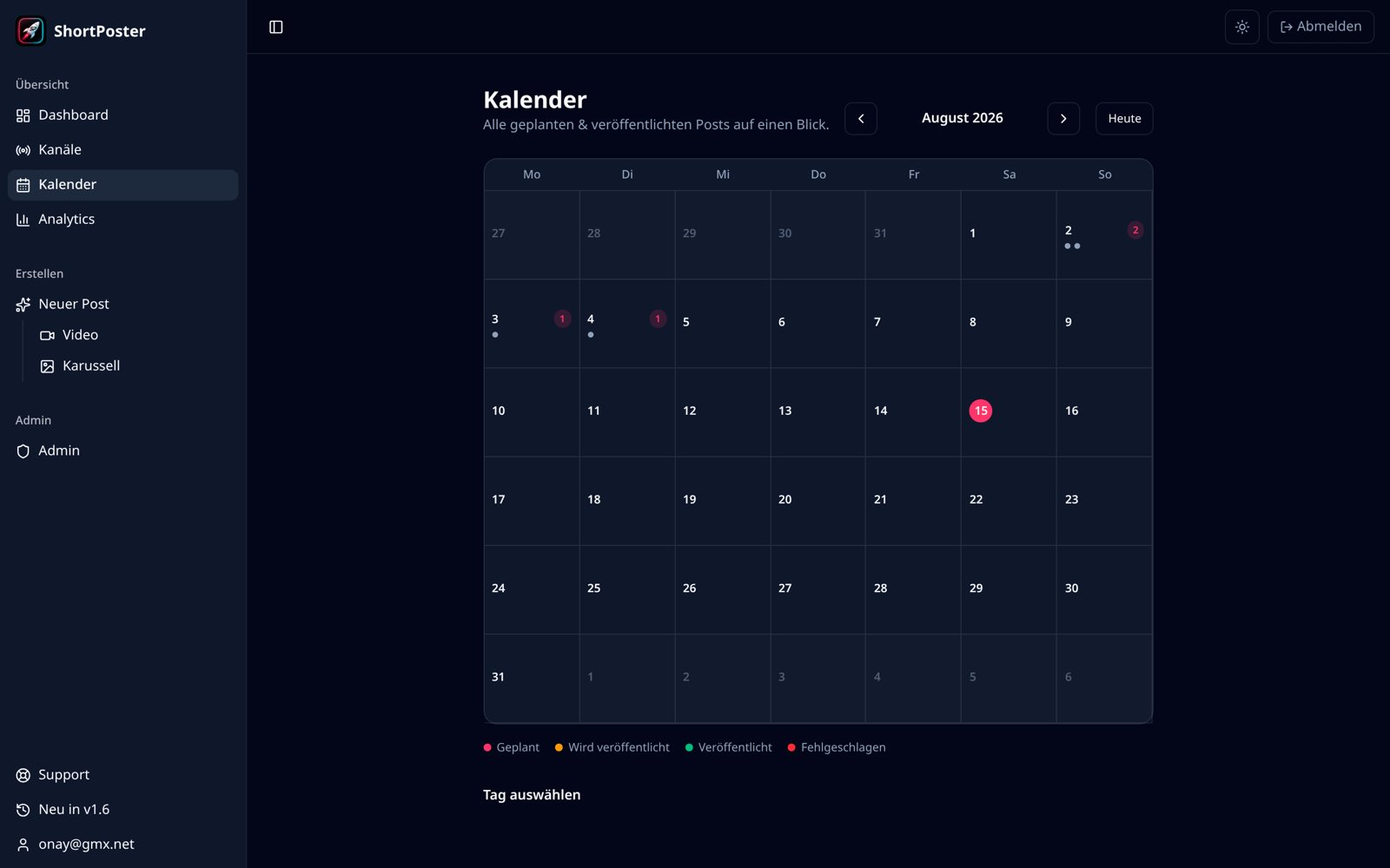 ShortPoster content calendar with scheduled and published posts