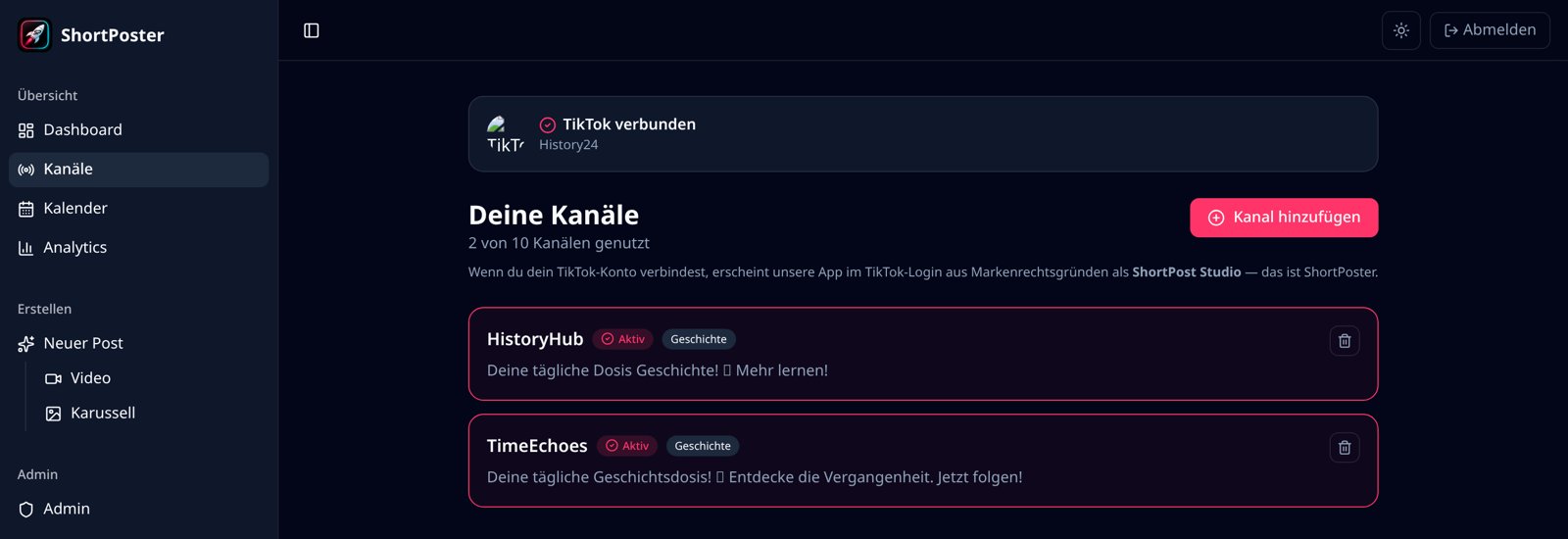 ShortPoster channels screen with TikTok connection