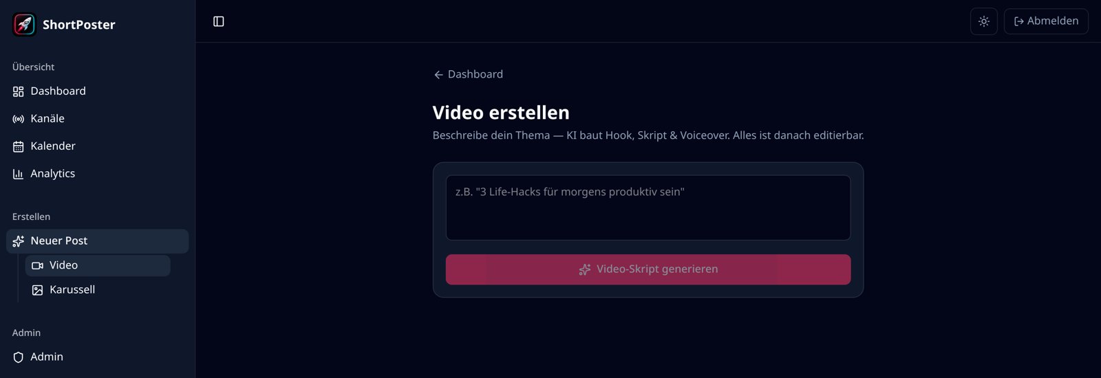 ShortPoster video creation screen with topic input