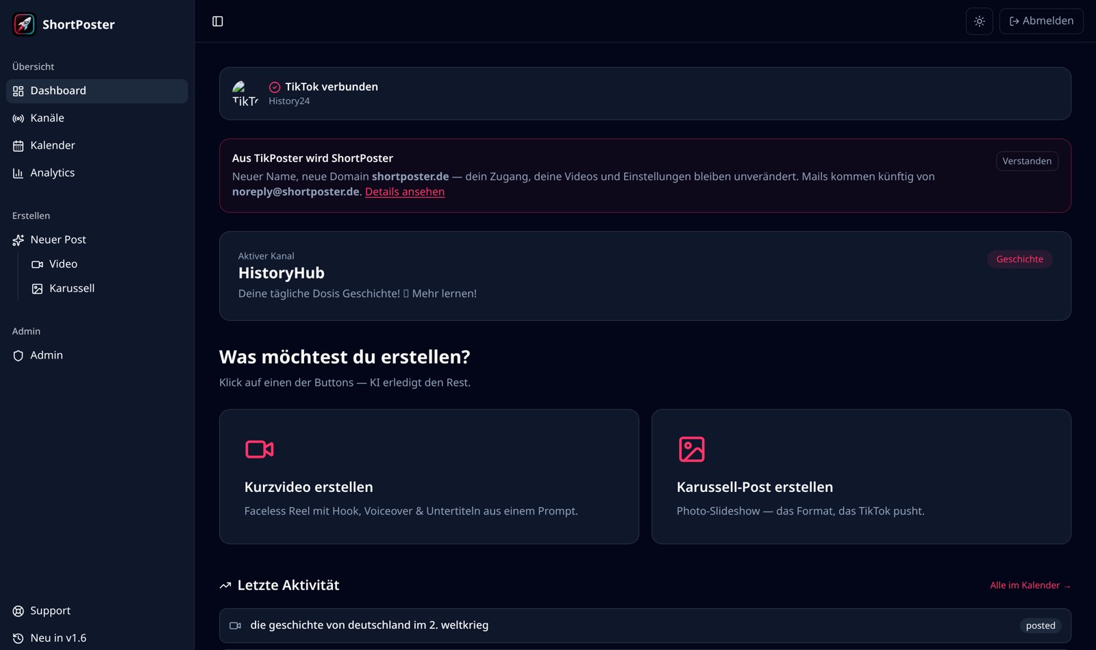 ShortPoster dashboard with recent posts and channel status
